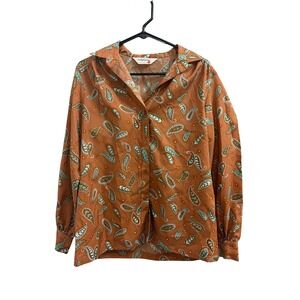 Blouse Paisley 70s Retro Lady Arrow Women Medium Orange Long‎ Sleeve Button Down